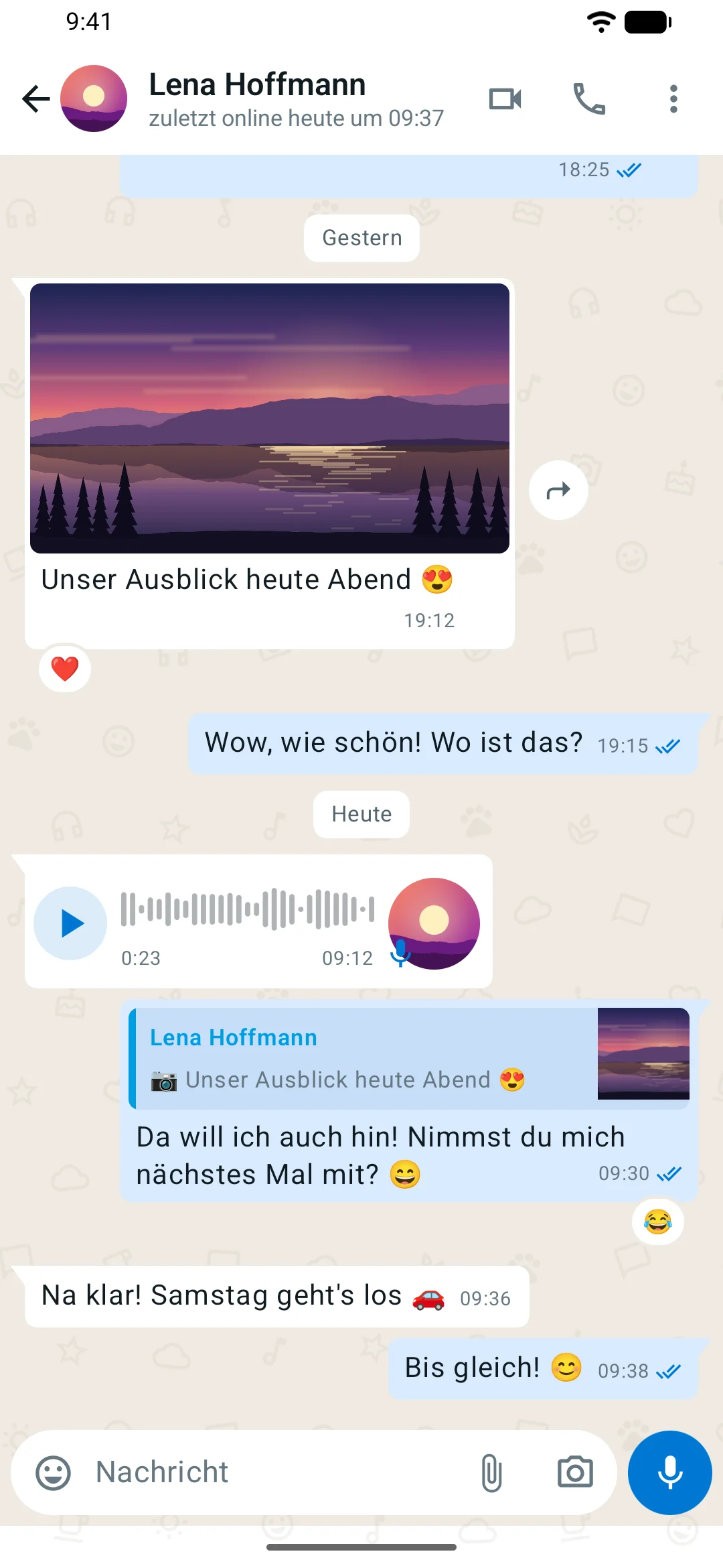 MeshUp auf Android: Einzelchat mit Foto, Sprachnachricht mit Wellenform, Antwort mit Zitat, Reaktionen und Lesebestätigungen (helles Design)