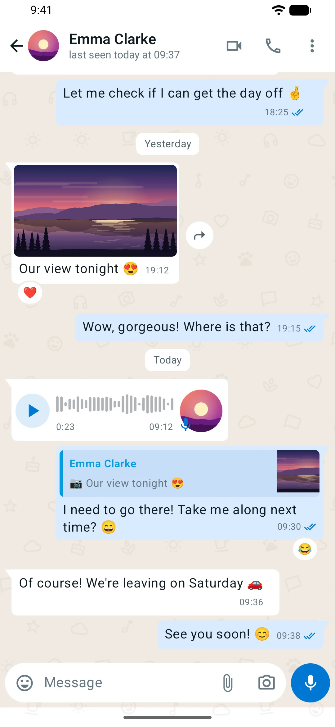 MeshUp on Android: one-to-one chat with a photo, a voice message with waveform, a quoted reply, reactions and read receipts (light theme)