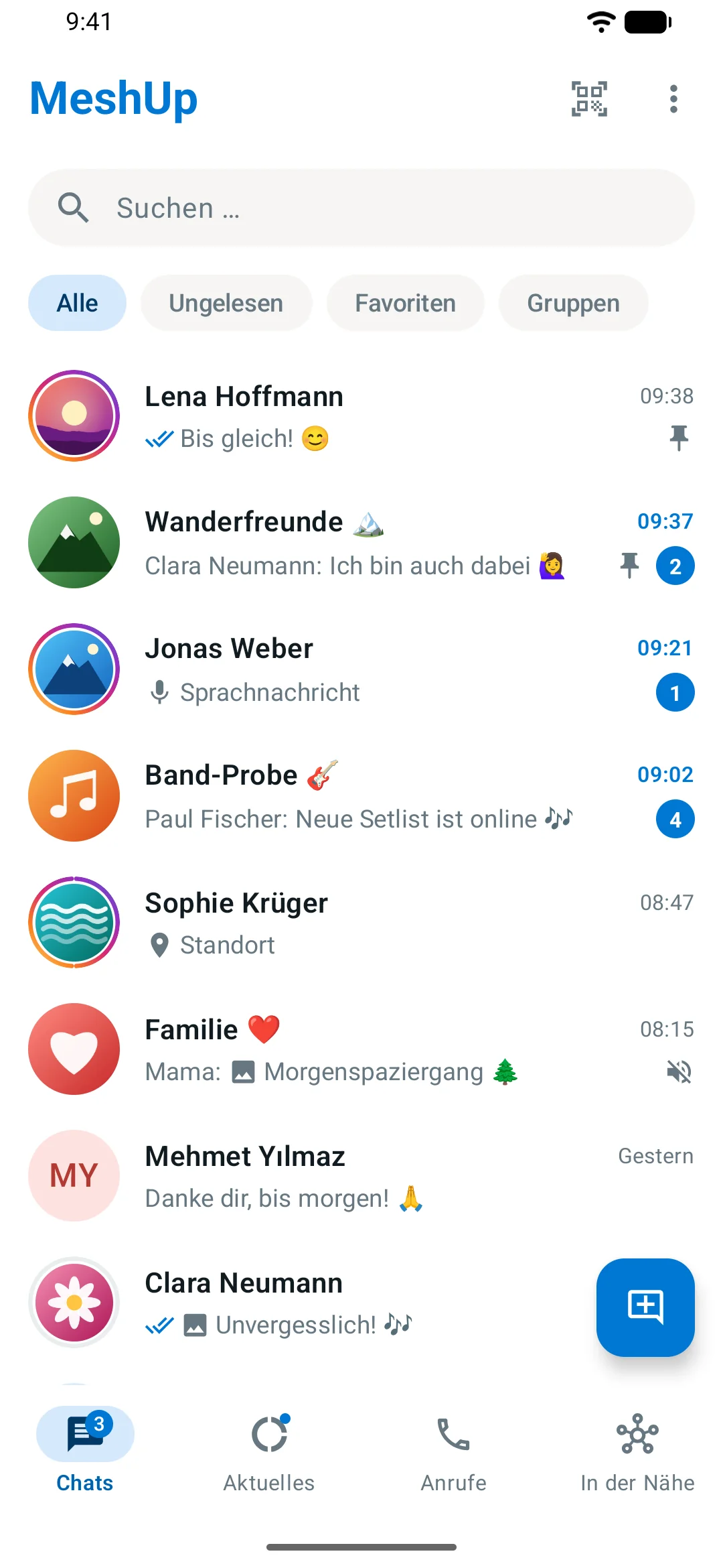 MeshUp auf Android: Chatliste mit Einzel- und Gruppenchats, Profilbildern, ungelesenen Nachrichten und angehefteten Chats (helles Design)