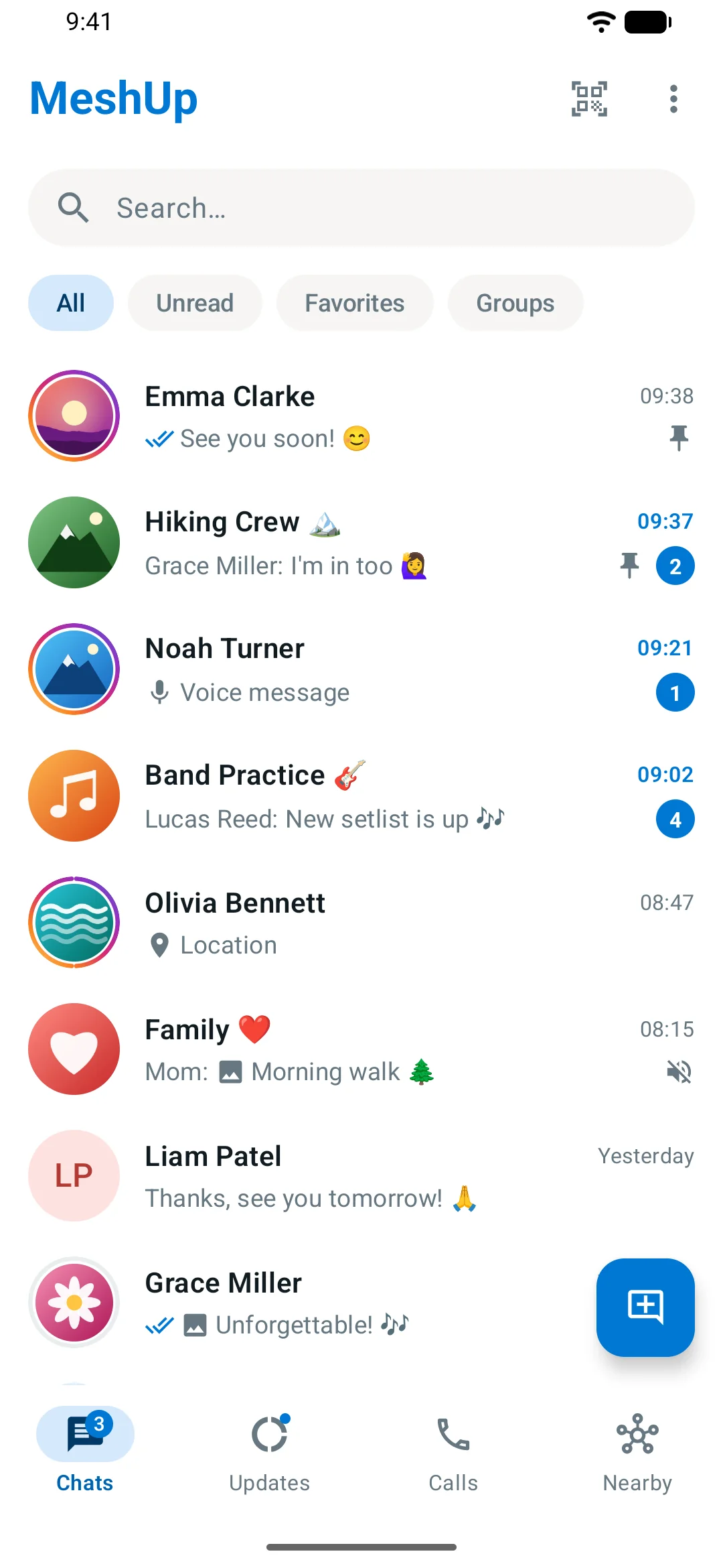 MeshUp on Android: chat list with direct and group chats, profile pictures, unread messages and pinned chats (light theme)