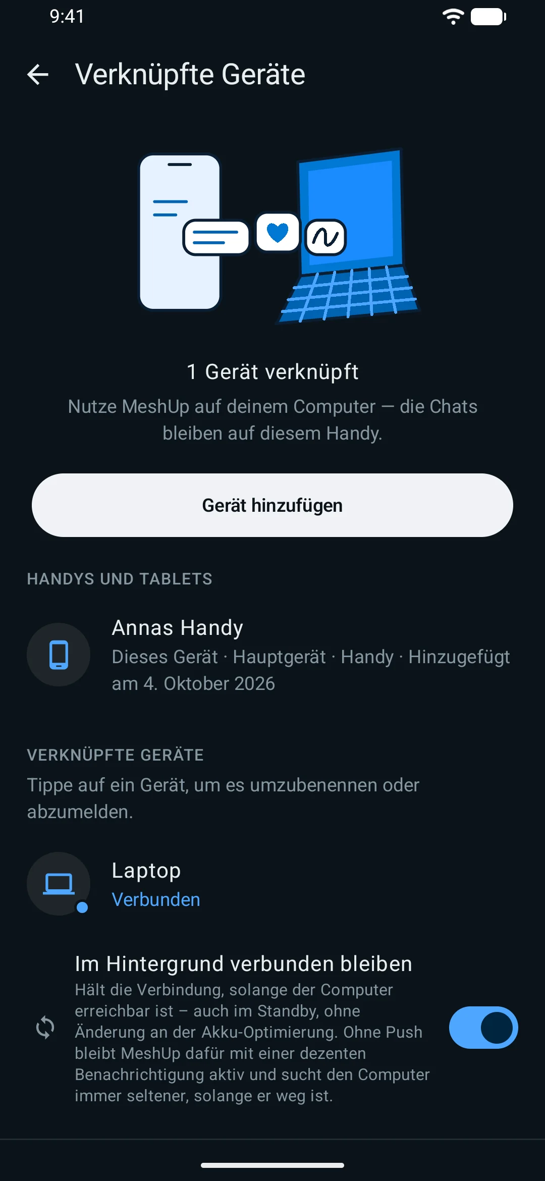 MeshUp auf Android: verknüpfte Geräte – MeshUp am Computer ist direkt mit dem Handy verbunden (dunkles Design)