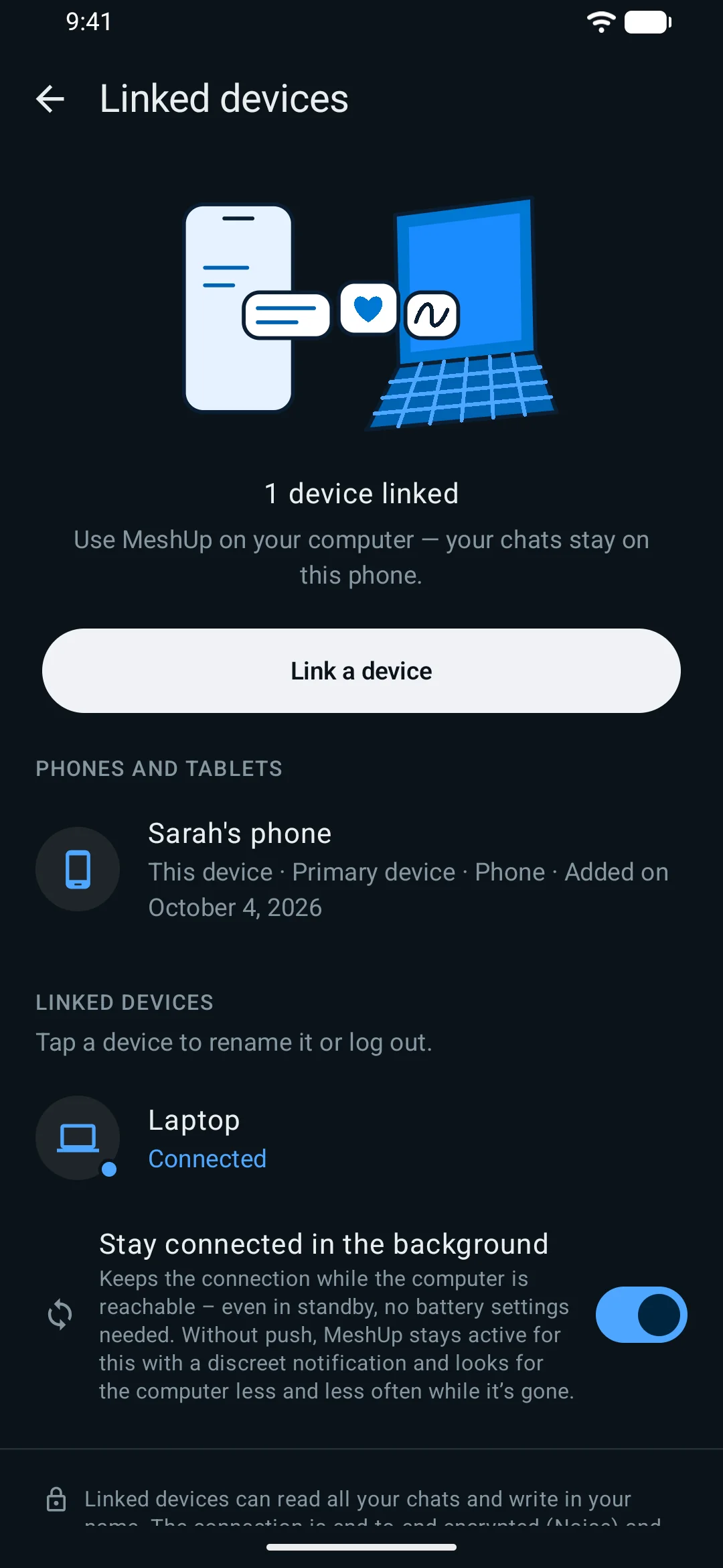 MeshUp on Android: linked devices – MeshUp on the computer is connected directly to the phone (dark theme)