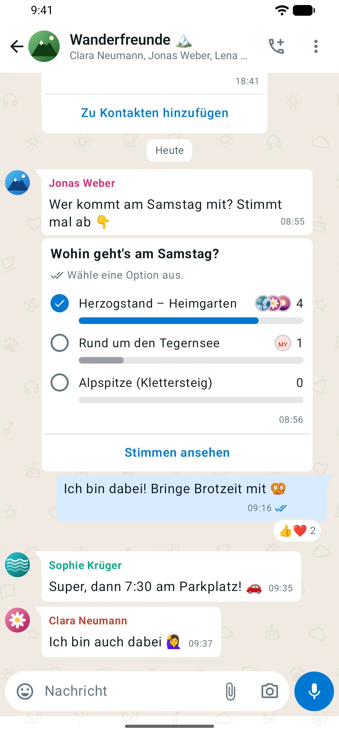 MeshUp auf Android: Gruppenchat mit Umfrage, geteiltem Kontakt und Reaktionen (helles Design)