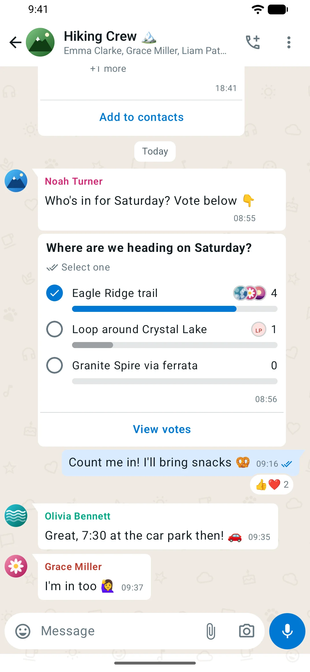 MeshUp on Android: group chat with a poll, a shared contact card and reactions (light theme)