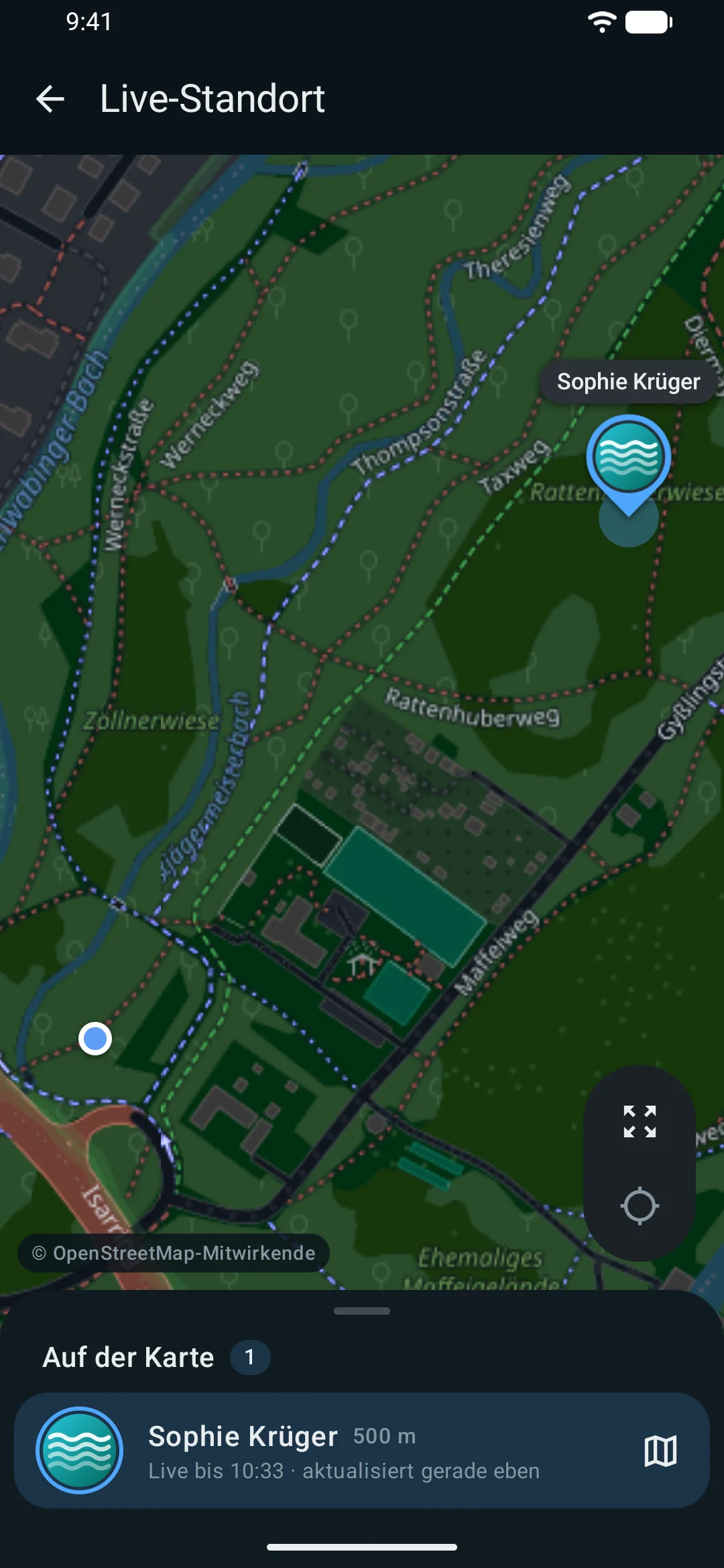 MeshUp auf Android: Live-Standort eines Kontakts auf der OpenStreetMap-Karte (dunkles Design)
