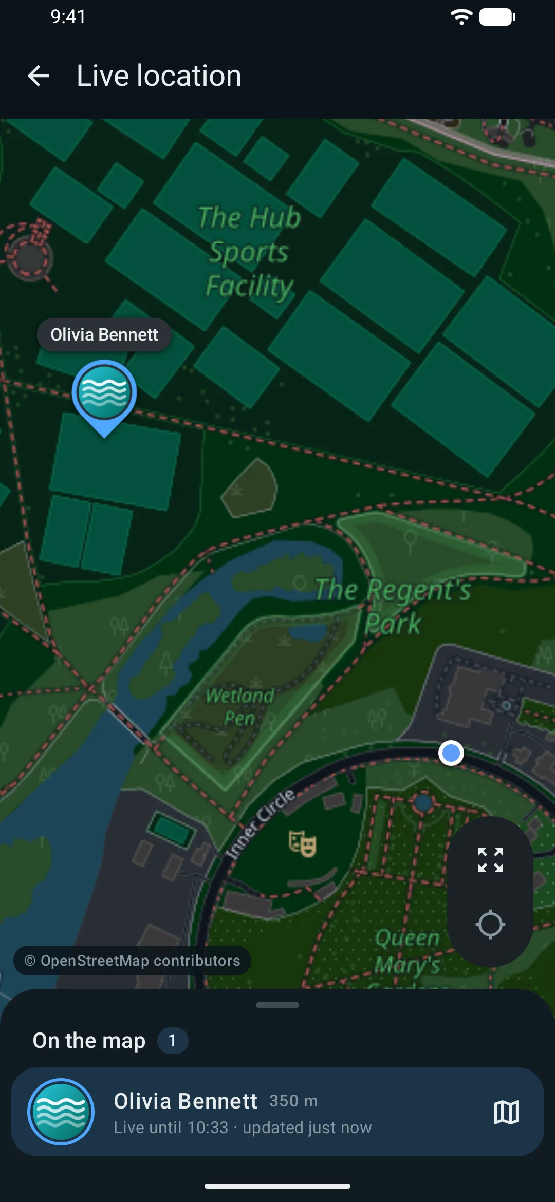 MeshUp on Android: a contact's live location on an OpenStreetMap map (dark theme)