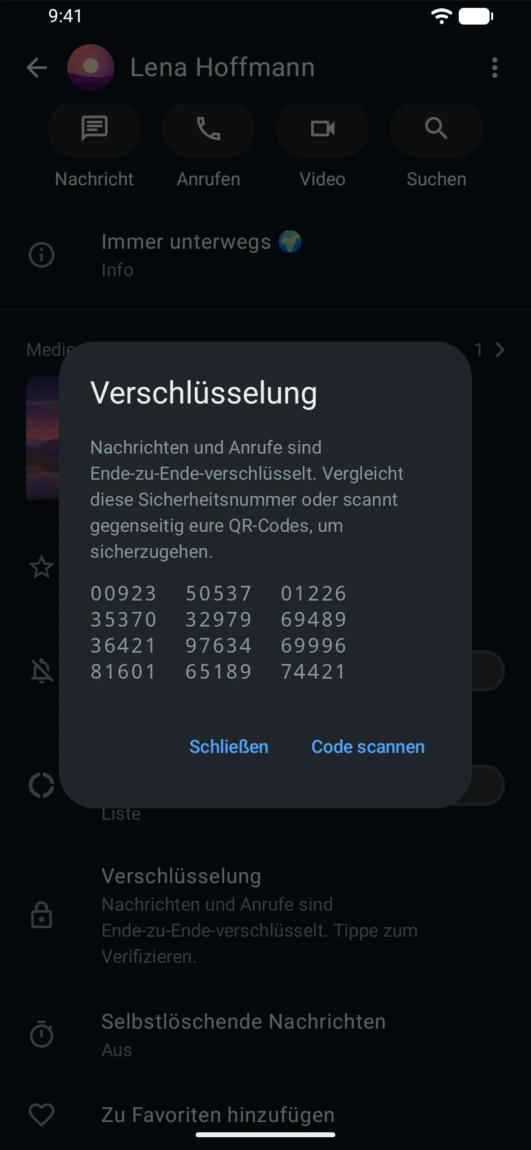 MeshUp auf Android: Sicherheitsnummer zum Prüfen der Ende-zu-Ende-Verschlüsselung (dunkles Design)