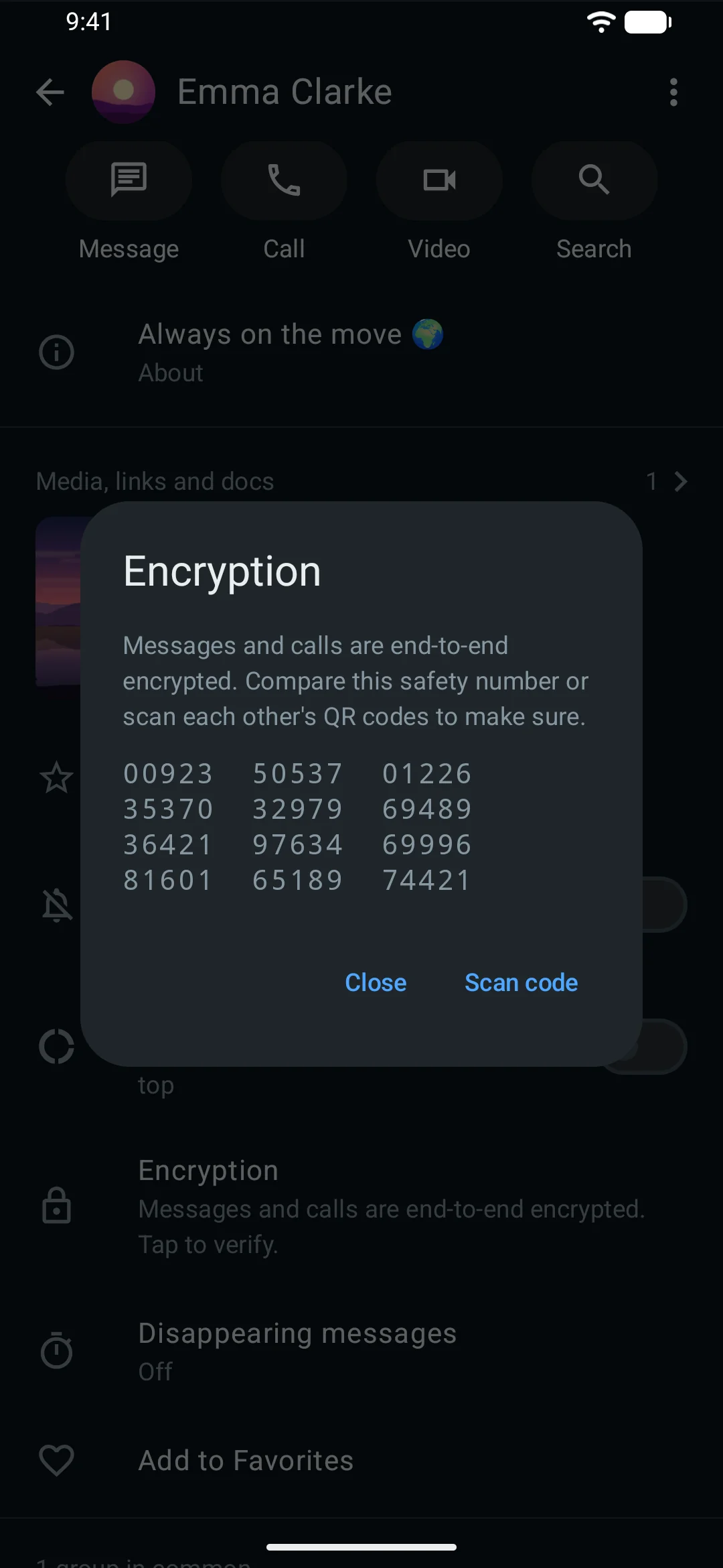 MeshUp on Android: safety number for verifying end-to-end encryption (dark theme)
