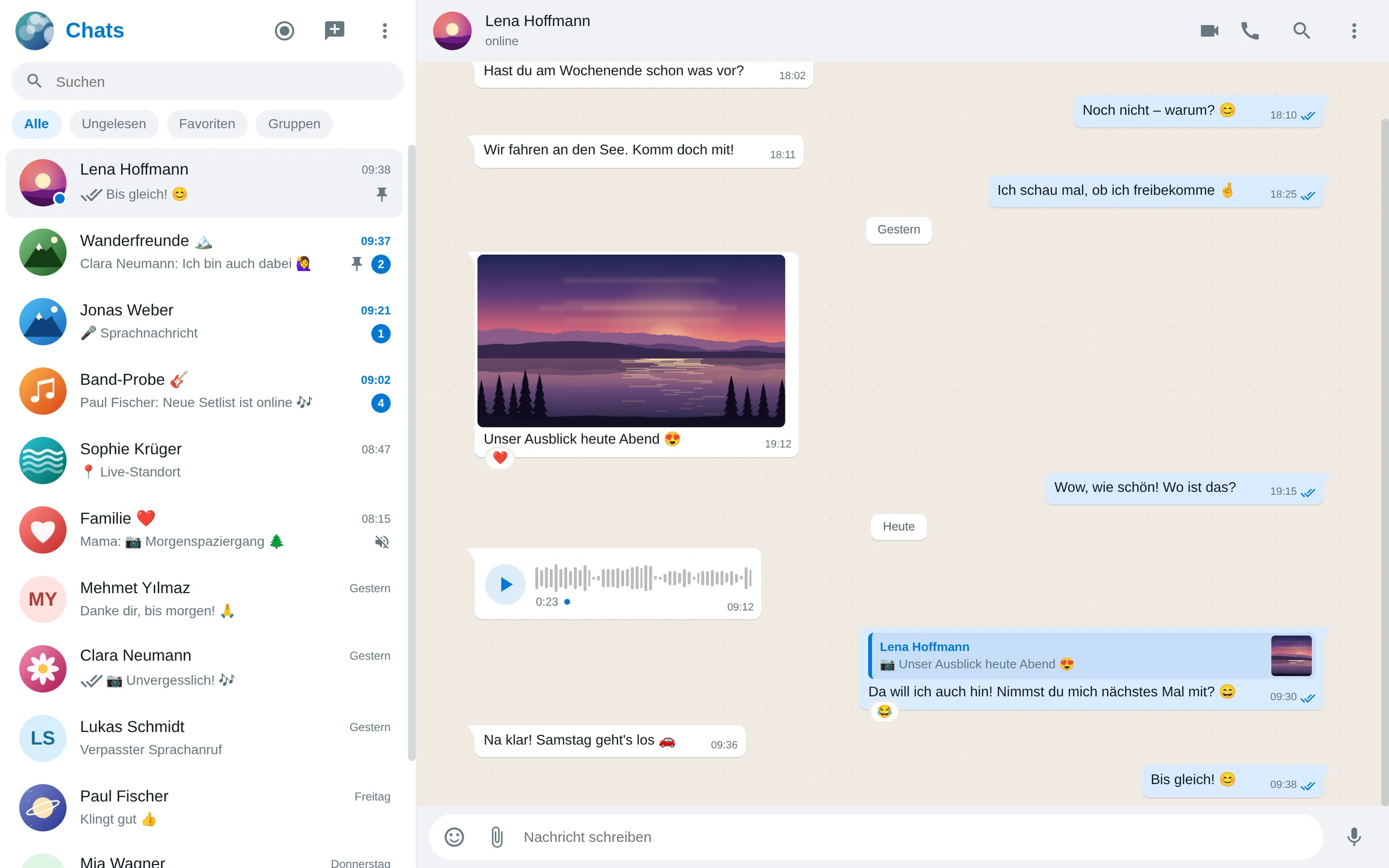 MeshUp am Computer: Chatliste und Gespräch mit Foto, Sprachnachricht und Antwort (helles Design)