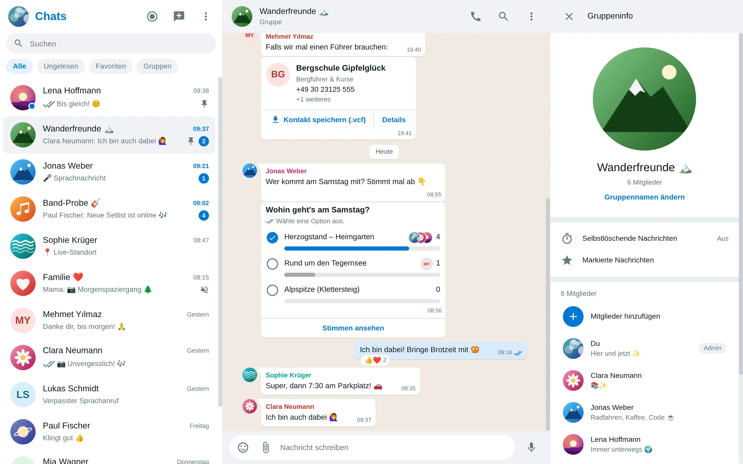 MeshUp am Computer: Gruppenchat mit Umfrage und Visitenkarte, daneben die Gruppeninfo mit den Mitgliedern (helles Design)