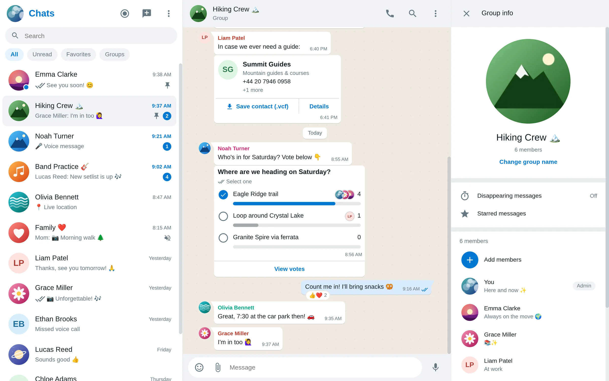 MeshUp on the computer: group chat with a poll and a contact card, next to the group info with its members (light theme)
